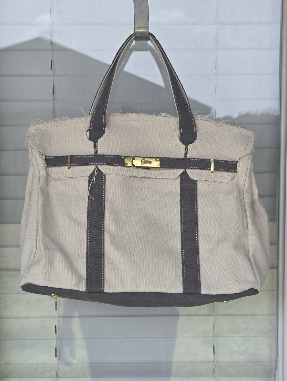 Boatskin Canvas Bag Beige Brown Large Tote Gold Tone Hardware Raw Edge
